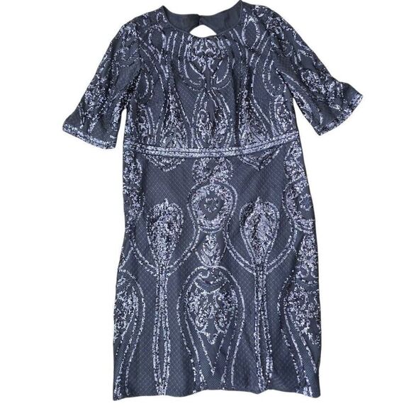 R&M Richards Dress Women's 18W Navy Blue Bling Sequins Short Sleeve Formal Stret - Picture 1 of 8